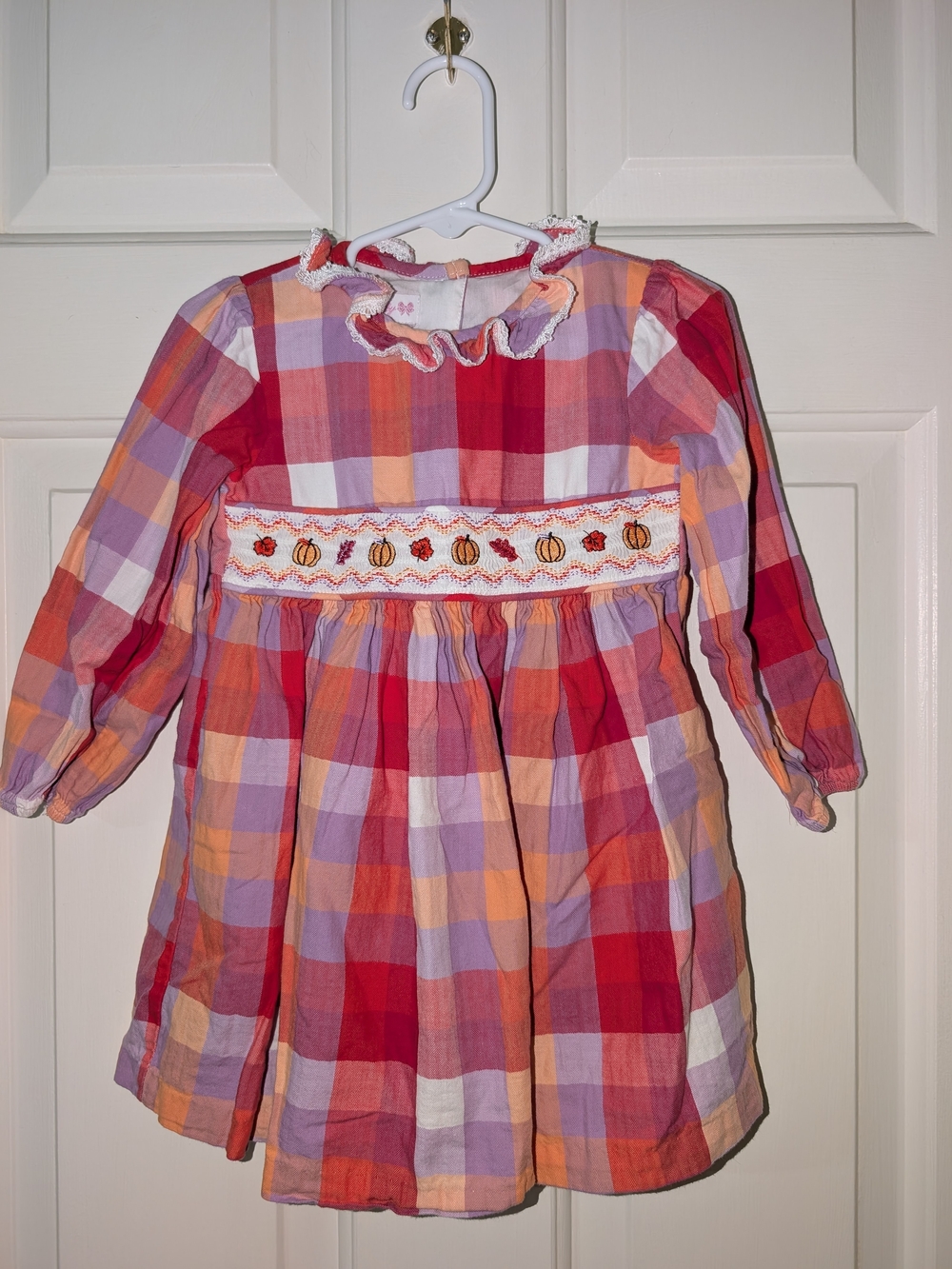 Bonnie Baby Plaid Smocked Dress in Pink, Orange & Purple